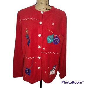 Vintage 80's Red Fleece Ugly Christmas Cardigan Medium